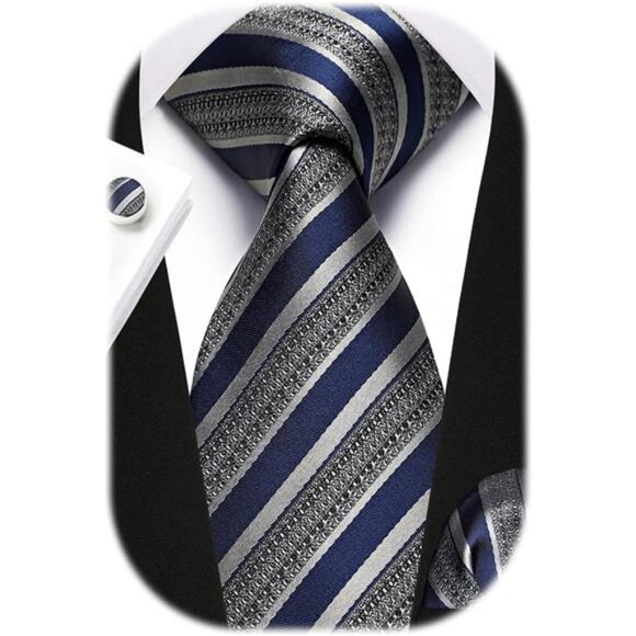 Mens Ties Stripe Tie and Pocket Square Set Classic Formal Woven  Neckties - Picture 1 of 6